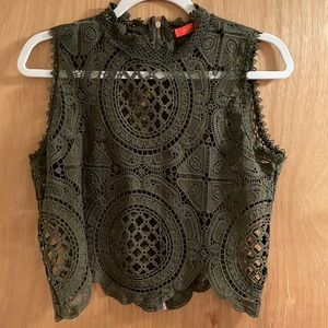 Turtle neck army green lace crop top. Size medium.